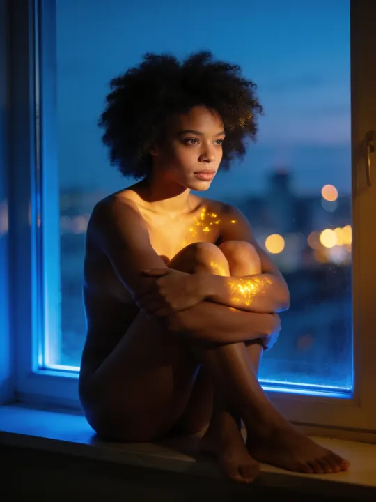 Woman with a natural afro seated on a windowsill at blue hour with arms around her knees
