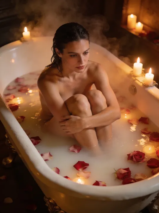 Woman in a clawfoot bathtub of milky water and rose petals lit by candles
