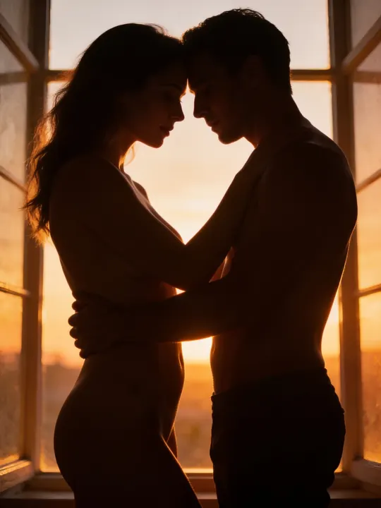 Man and woman embracing in silhouette against a sunset window