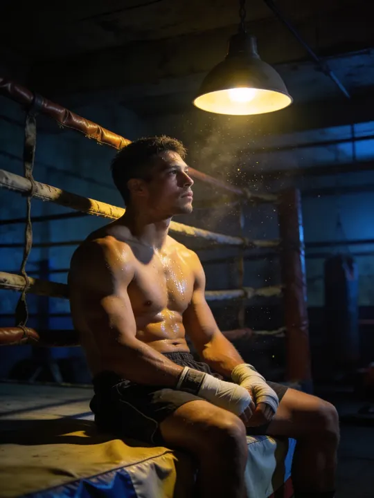 Shirtless boxer in hand wraps seated on a ring apron under an overhead lamp