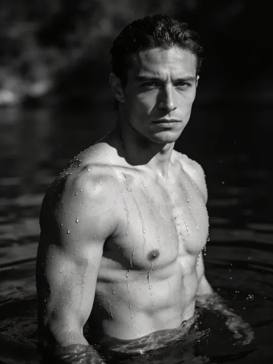 Black and white study of a man rising from dark water in hard side light