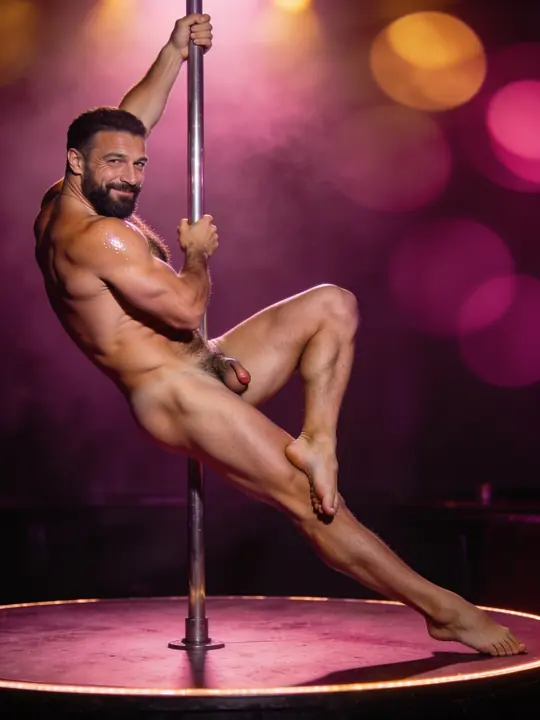 Nude bearded muscular man in his late thirties posing on a strip-club pole under rose-magenta stage light