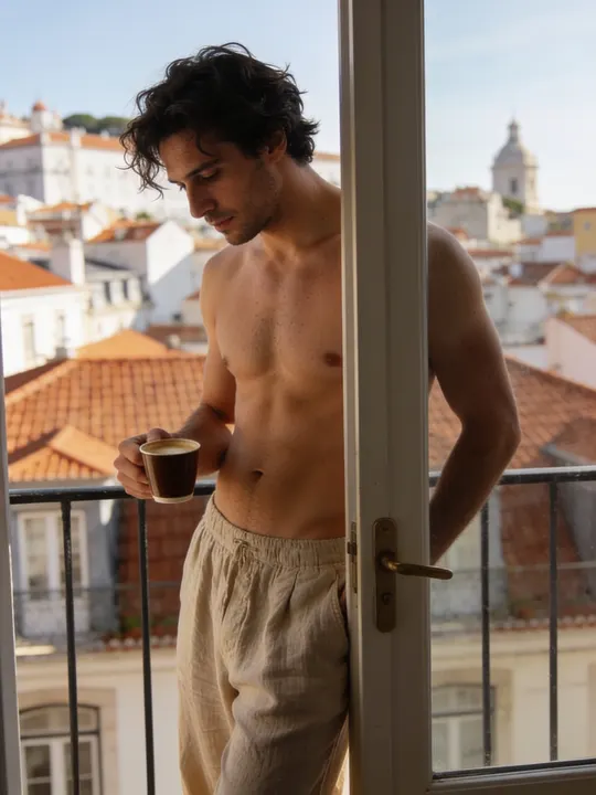 Shirtless man in linen trousers holding coffee at a balcony door over Lisbon rooftops