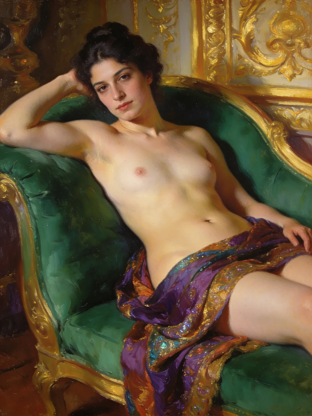 Reclining odalisque with a jewel-toned shawl, painted in a classical oil style