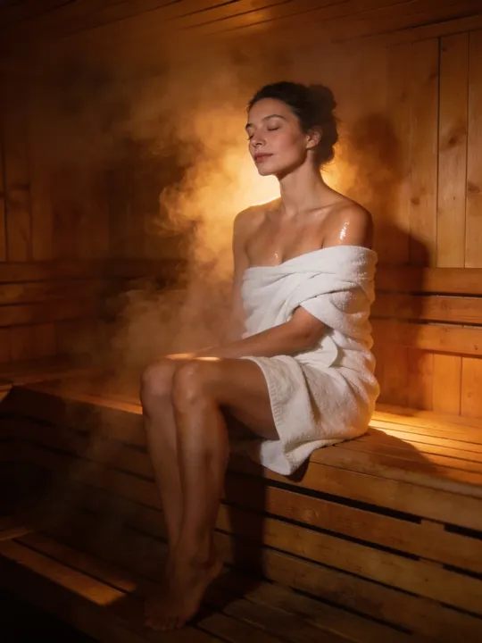 Woman on a cedar sauna bench wrapped in a slipping white towel