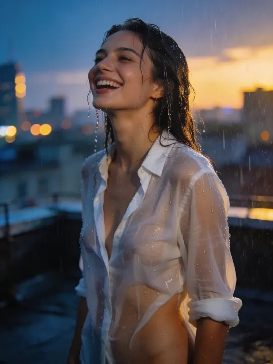 Woman in a rain-soaked white shirt laughing on a rooftop at dusk