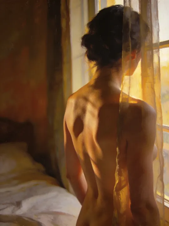 Nude woman seen from behind at a tall bedroom window in soft morning light